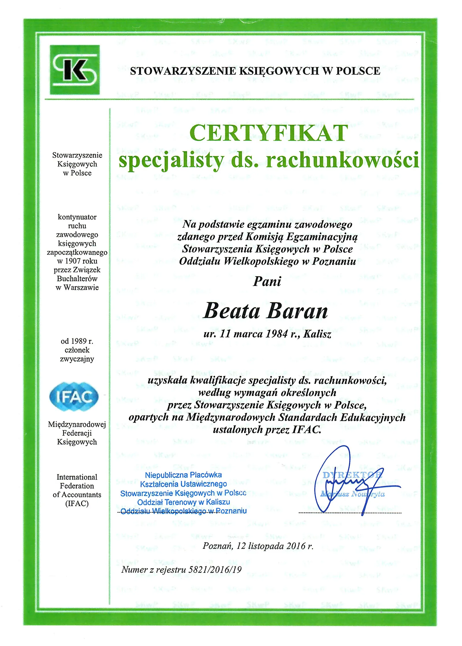 Certyfikat specjalisty ds. rachunkowości Beata Baran