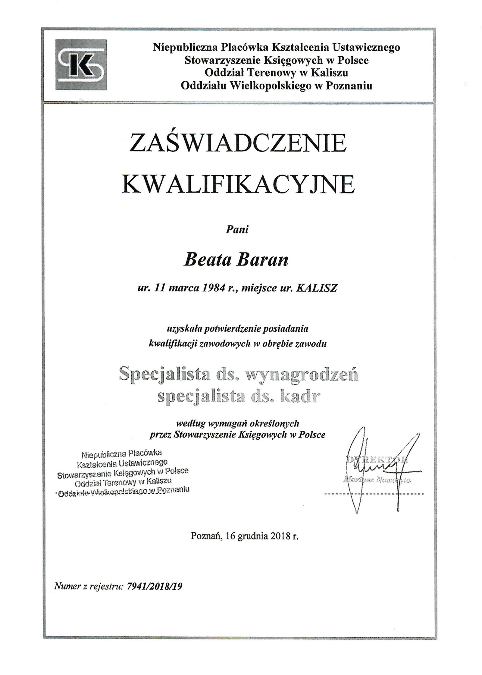 Zaświadczenie ABB Office Beata Baran specjalista ds. wynagrodzeń kadr